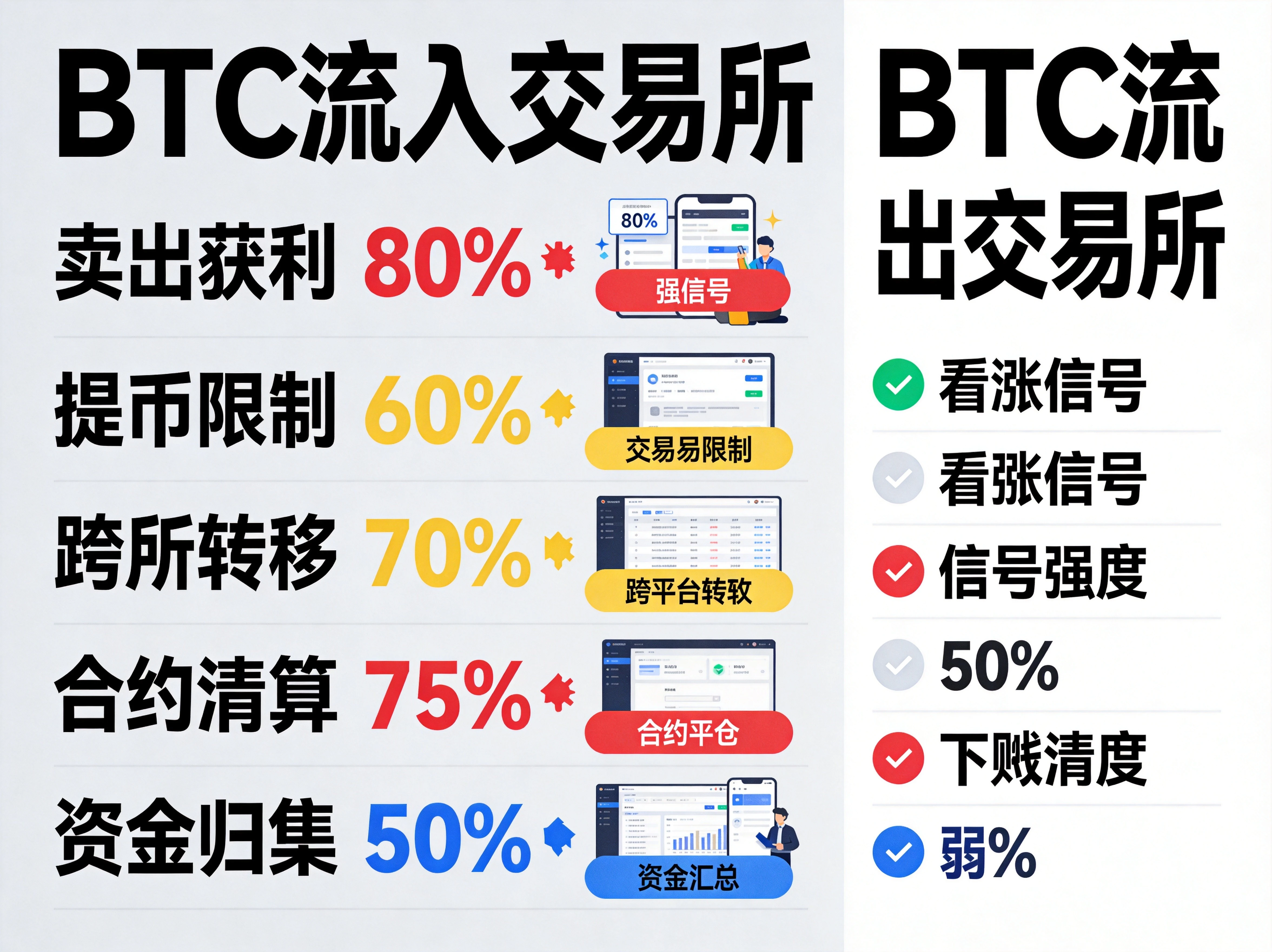 信息图风格的BTC流入流出原因对比图，左右分栏布局，左侧红色系展示流入交易所的五种原因及对应概率百分比（卖出获利35%、提币限制20%等），右侧绿色系展示流出交易所的五种原因，每种原因配信号强度标识，尺寸2304×1728。