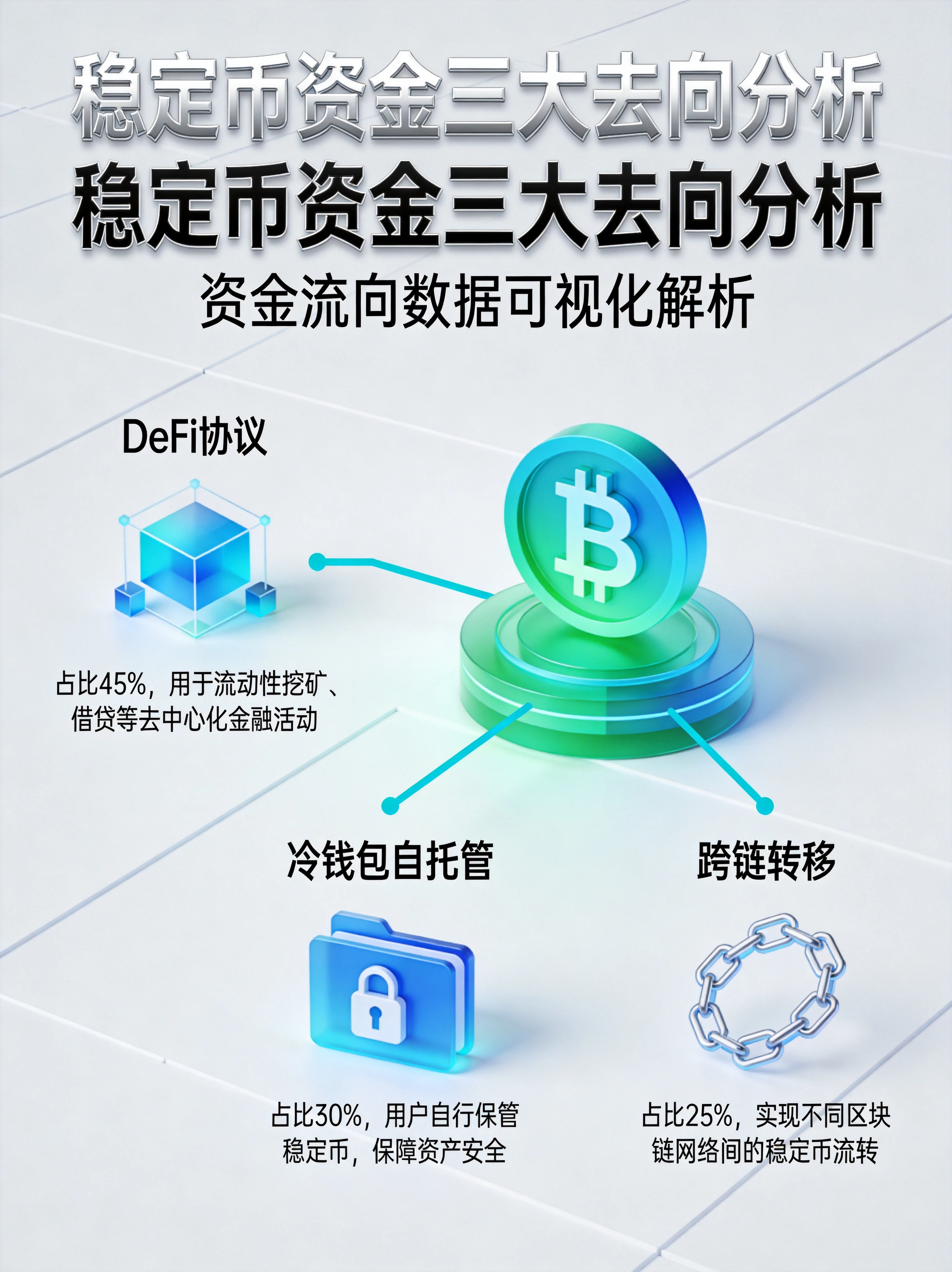 蓝绿色科技风格稳定币资金三大去向分析信息图,展示三大流向分支:DeFi协议、冷钱包自托管、跨链转移,配有对应图标和数据说明 蓝绿色科技风格稳定币资金三大去向分析信息图,展示三大流向分支:DeFi协议、冷钱包自托管、跨链转移,配有对应图标和数据说明